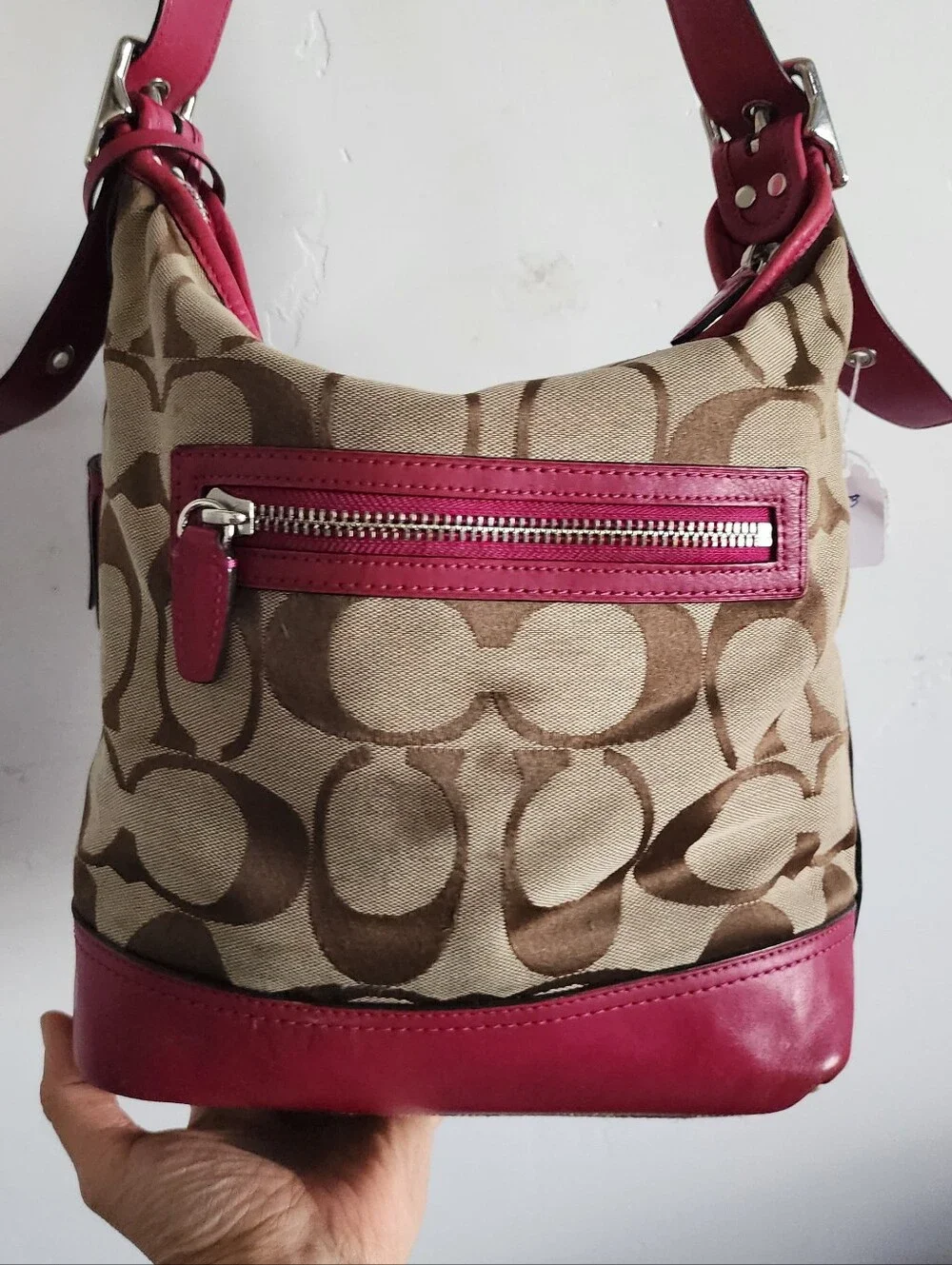 COACH Signature Canvas and Berry Leather Hobo Bag